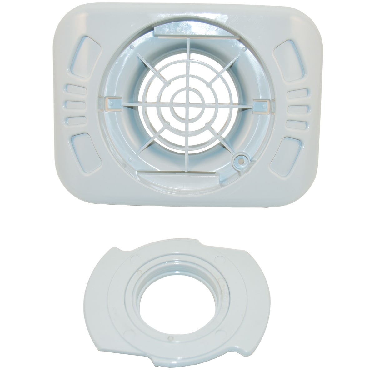 HAYWARD's Hayward TigerShark Venturi Assembly, RCX11208, includes two white plastic components: a rectangular grid frame and a circular piece below it.