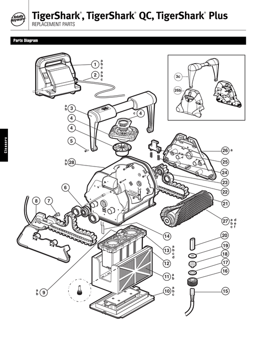 Exploded diagram of the Hayward TigerShark Handle Assembly, Blue (RCX76008-234) by HAYWARD, with labeled replacement parts like housing, wheels, chains, motor, and filter assembly.