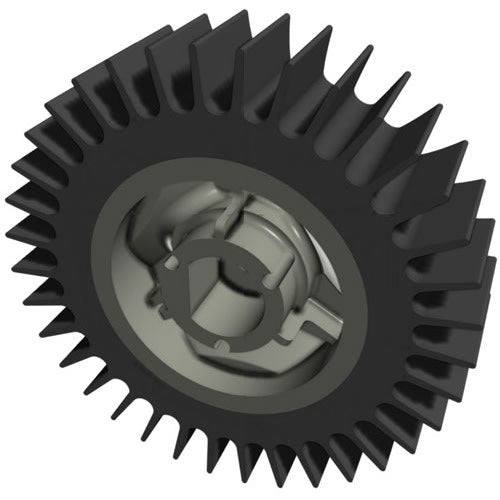 A 3D-rendered image of the Hayward SharkVac Wheel Rim w/ Tire (RCX97449) by HAYWARD, featuring a black gear-like design with pointed teeth and a detailed central hub viewed at an angle.