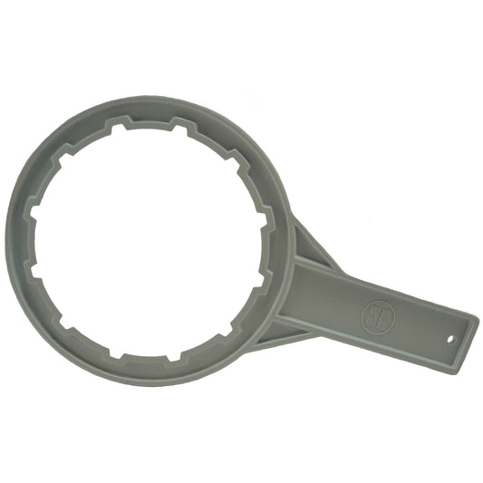 The Hayward Dome Wrench Tool (S200KT) by HAYWARD is a gray plastic wrench with a round, toothed opening and flat handle, perfect for loosening or tightening circular objects like water filter housings or assisting in dome lid removal, making it ideal for tasks involving sand filters.