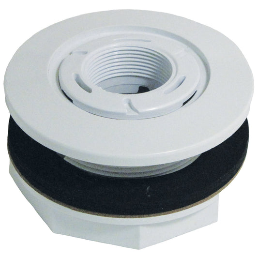 The Hayward Fiberglass Accent Light Wall Fitting (SP0537AF) by HAYWARD is a white fitting with a central threaded opening and black gasket, ensuring secure compatibility with pool and spa trim rings.