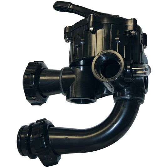 The Hayward Vari-Flo DE Multiport Valve, 1.5" Side Mount (SP0710XR50) by HAYWARD features a black design with a lever handle, multiple connectors, and a curved pipe section for plumbing or pool filter systems compatible with pleated element filters.