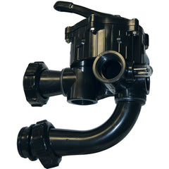 The Hayward Vari-Flo DE Multiport Valve, 1.5" Side Mount (SP0710XR50) by HAYWARD features a black design with a lever handle, multiple connectors, and a curved pipe section for plumbing or pool filter systems compatible with pleated element filters.