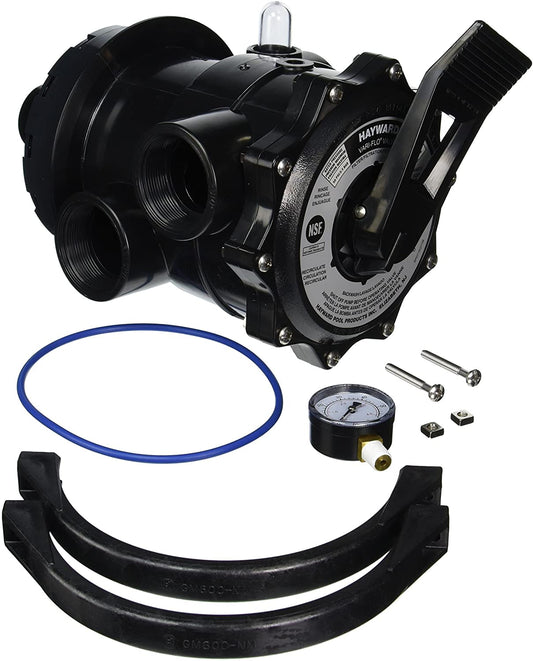The Hayward Vari-Flo 2" Multiport Valve w/ Clamp (SP071620T) by HAYWARD is shown with handle, gauge, O-ring, screws, and two curved pipe fittings on a white background—perfect for efficient pool filter maintenance and backwash.