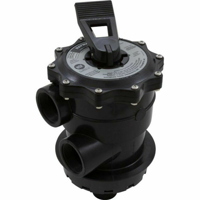 The Hayward Vari-Flo Top Mount Multiport Valve (SP071621) by HAYWARD is a black plastic pool valve with a top lever handle and various side pipe connectors, perfect for sand filters and in-floor cleaning systems. It includes visible labels and instructions on the top for easy operation.