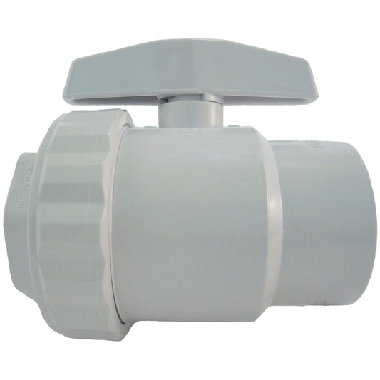 The Hayward Trimline 2-Way Ball Valve (SP0722) by HAYWARD is a white PVC valve designed for optimal water flow management, featuring a round body and short, wide handle. This maintenance-free component ensures reliable performance over time.