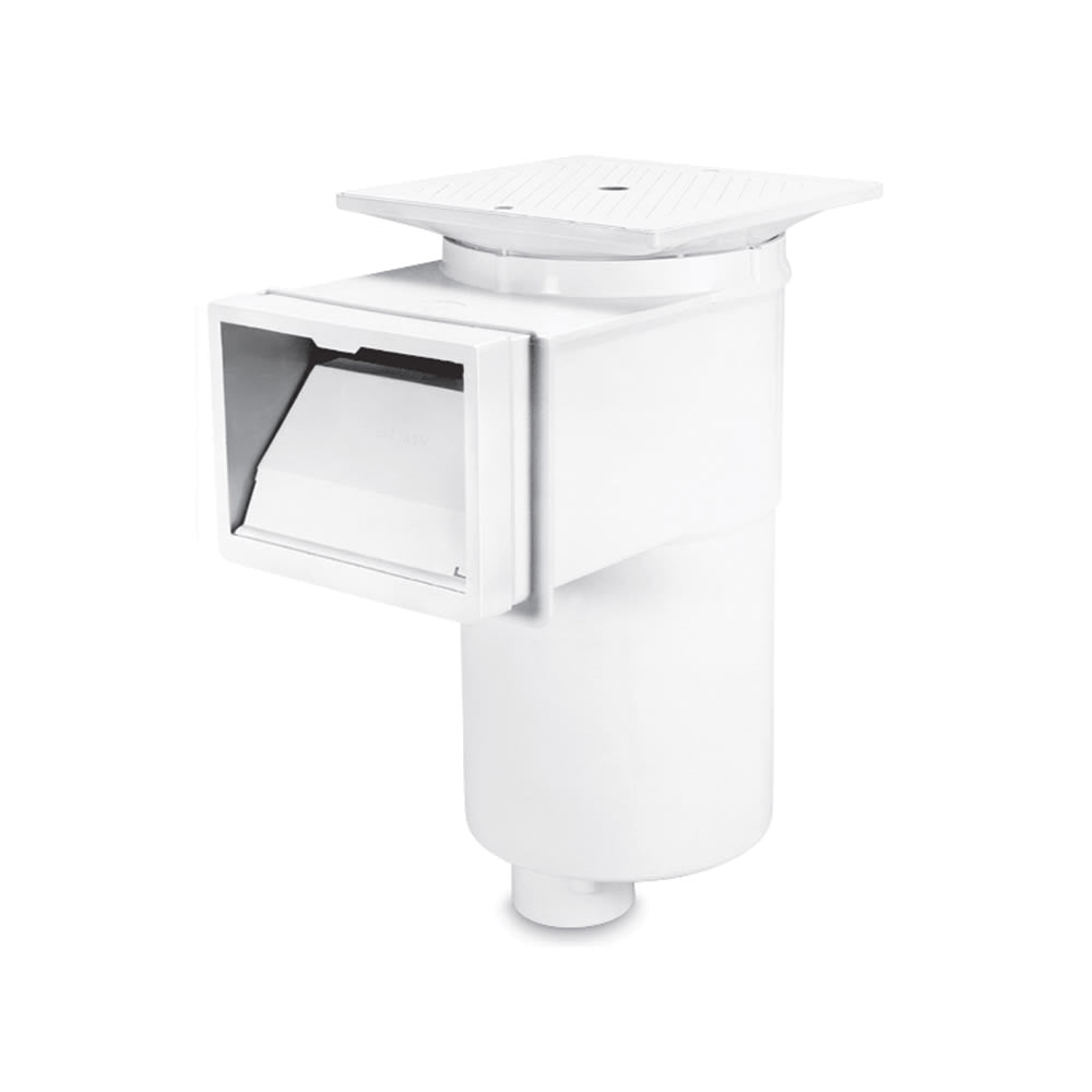 Discover the Hayward 2" Threaded Wall Skimmer w/ Square Lid | SP1082 by HAYWARD: a white plastic pool skimmer with a rectangular opening, cylindrical body, and square lid. Expertly designed for efficient debris filtering in swimming pool applications.