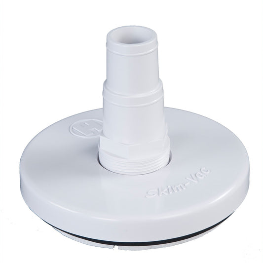 The Hayward A/G Skim-Vac Skimmer Plate w/ Combo Adapter (SP11054) easily connects your combo hose to the pool skimmer; white plastic with threaded connection, hose adapter, and "Skim-Vac" label. Brand: HAYWARD.