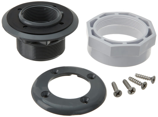 The Hayward Inlet/Outlet Fitting for Liner Pools (SP1408DGR) in dark gray includes a threaded connector, ring, hexagonal nut, and four screws. It's ideal for use with hydrotherapy fittings or in vinyl and fiberglass installations.