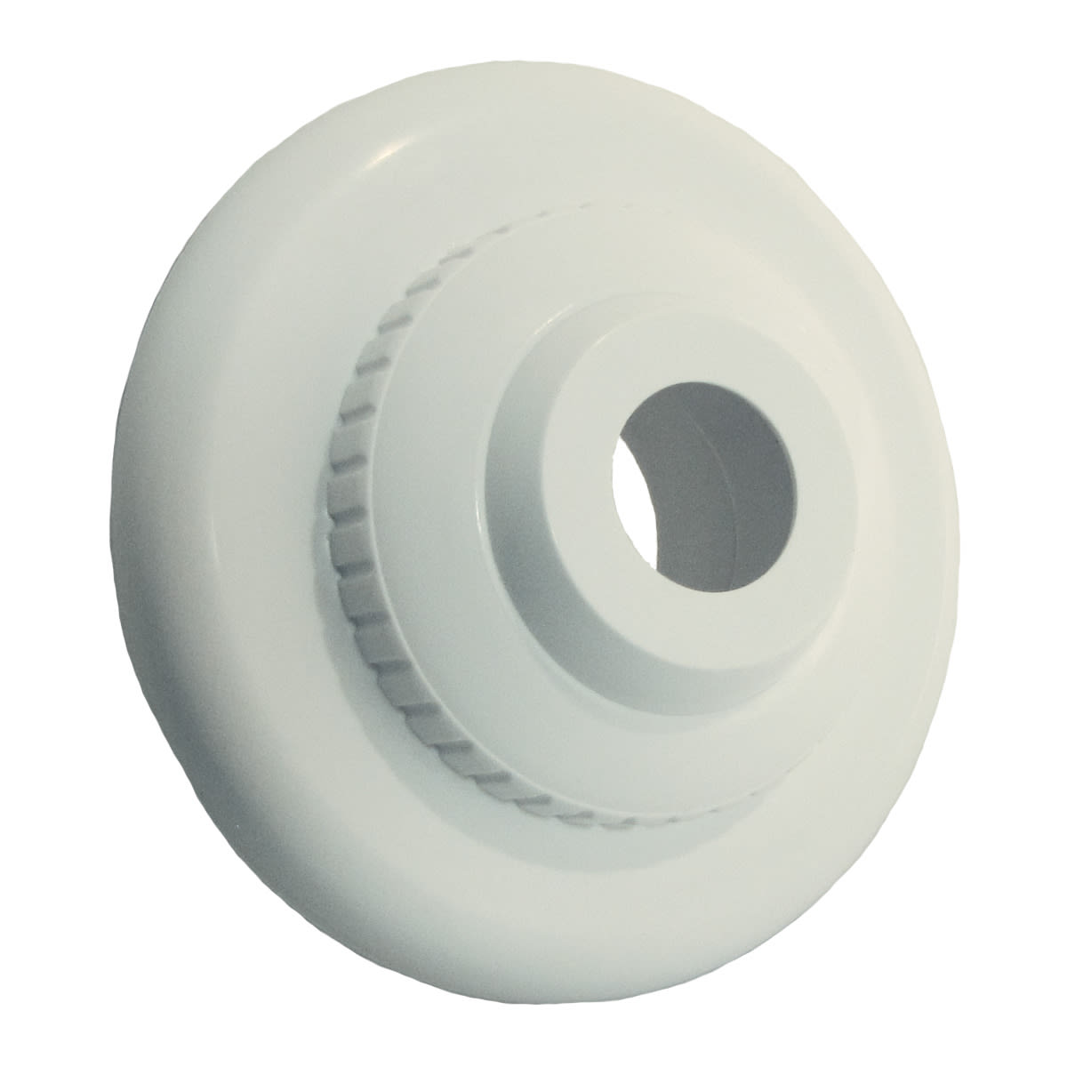 The Hayward 3/4" Large Hydrostream Insider Fitting (SP1418D) by HAYWARD is a white plastic threaded pool inlet with a central hole for directional flow control, shown angled against a plain background.