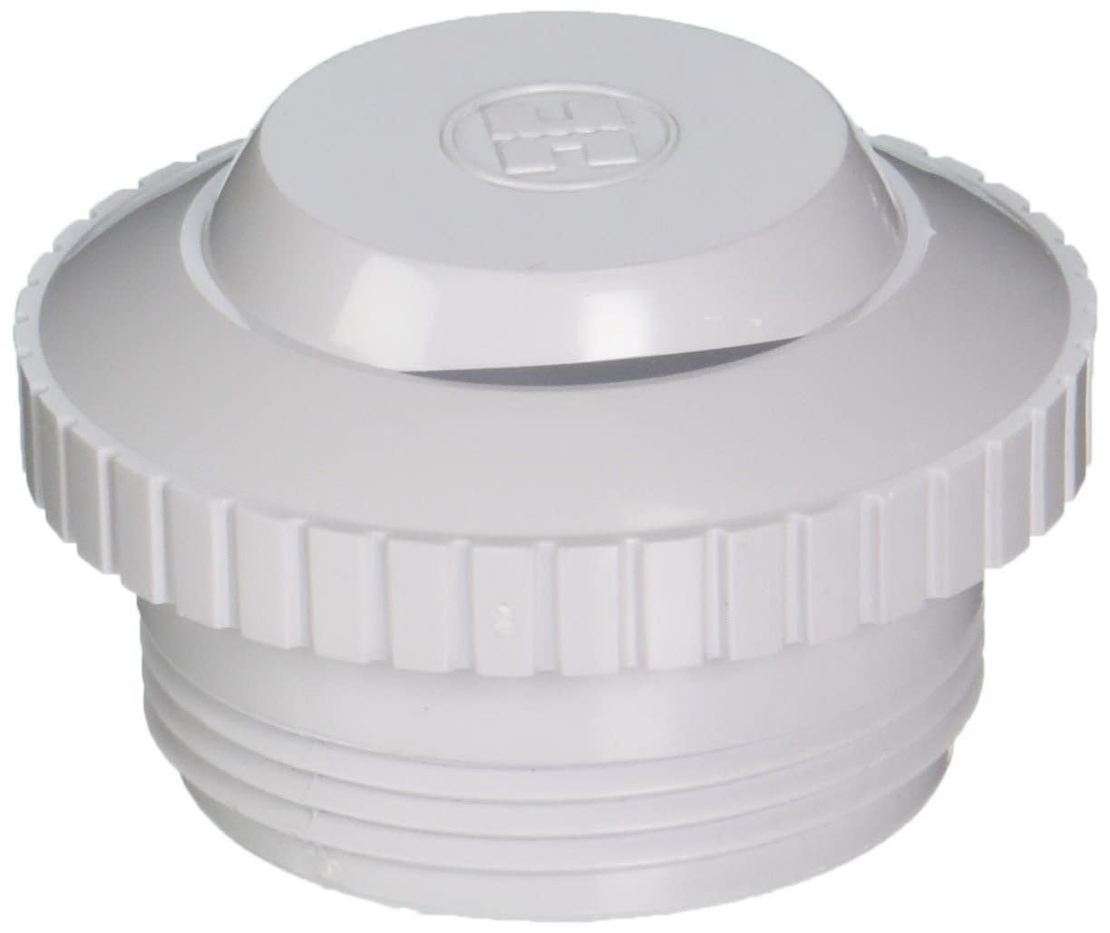 Close-up of the Hayward 1-1/2" Hydrosweep Slotted Eyeball Fitting's white screw-on lid, featuring textured edges for grip and a slotted vent, designed to integrate with inlet fittings.