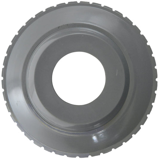 The HAYWARD 3/4" Hydrostream Inlet Fitting (SP1419DDGR) is a dark gray, UV-resistant ABS component with a central hole and notched edge, designed for secure pool installation.