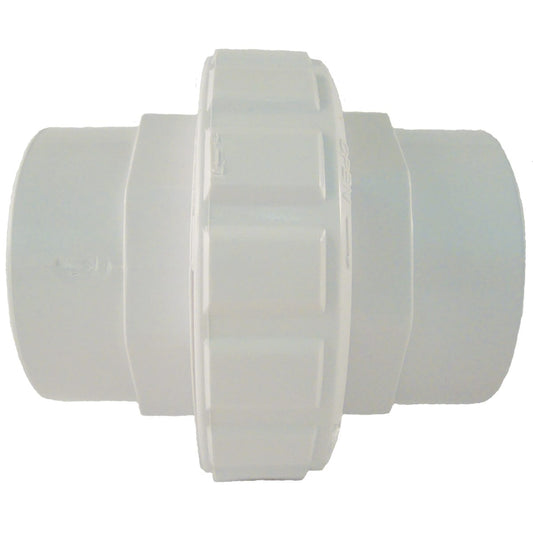 The Hayward Flush Union 1-1/2" Female Socket (SP14952S) by HAYWARD is a white PVC fitting with a central threaded joint, ideal for seamless plumbing connections.