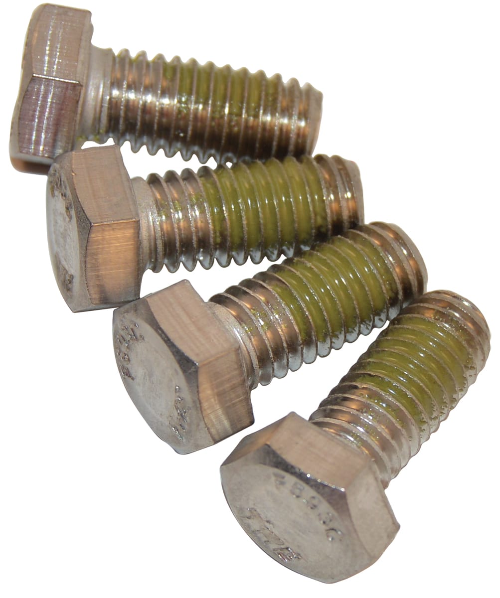 Four Hayward Motor Cap Screws (SPX0125Z44), 4-pack, partially threaded and coated in green lubricant, are arranged diagonally on a white background—ideal HAYWARD brand replacements for various applications.