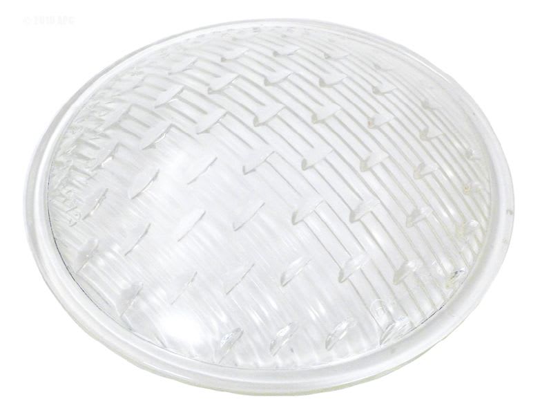 The Hayward StarLite 7-9/16" Tempered Lens, Clear (SPX0540Z1) by HAYWARD is a clear, round glass cover with a textured pattern of raised diagonal lines and arrows.