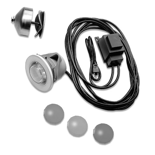 The Hayward Elite A/G Light Gasket (SPX0565G) by HAYWARD includes a gasket, power adapter with cord, mounting hardware, and three round covers, all shown on a white background.