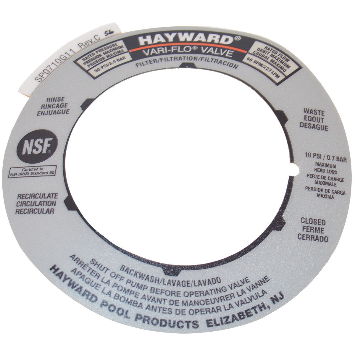 Round label plate for the Hayward SPX0710G Vari-Flo valve, with filter settings and operational instructions in both English and French.