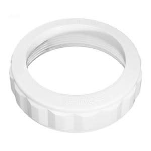 The Hayward Ball Valve Bonnet Nut (SPX0722D) by HAYWARD is a white plastic threaded locking nut ring with ridged edges, used for securing fittings in plumbing or electrical applications.