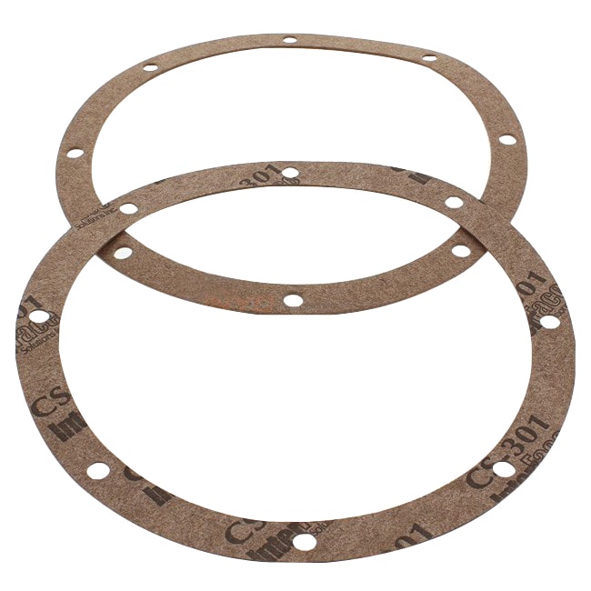 Two Hayward SP1048 brown circular gaskets with evenly spaced holes, stacked on a white background.