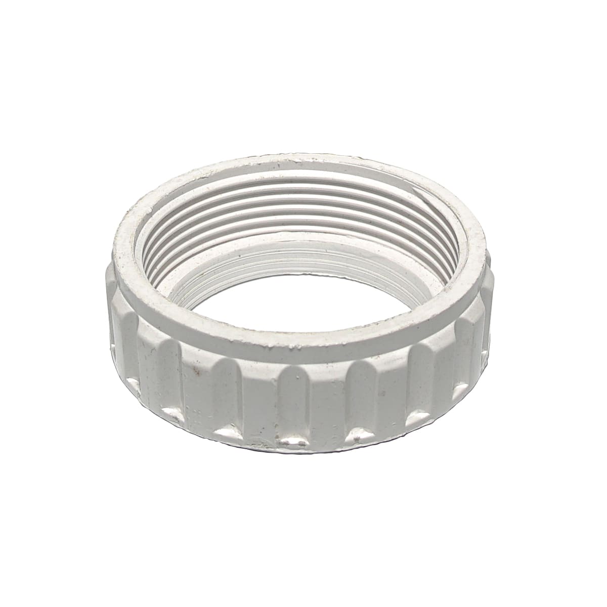 The Hayward Super Vac Triangle Head Nut (SPX1068C) by HAYWARD is a white plastic threaded nut with ribbed edges, shown on a plain white background.