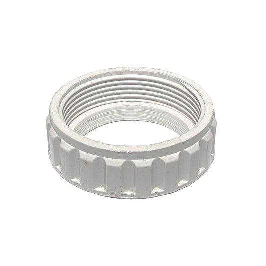 The Hayward Super Vac Triangle Head Nut (SPX1068C) by HAYWARD is a white plastic threaded nut with ribbed edges, shown on a plain white background.