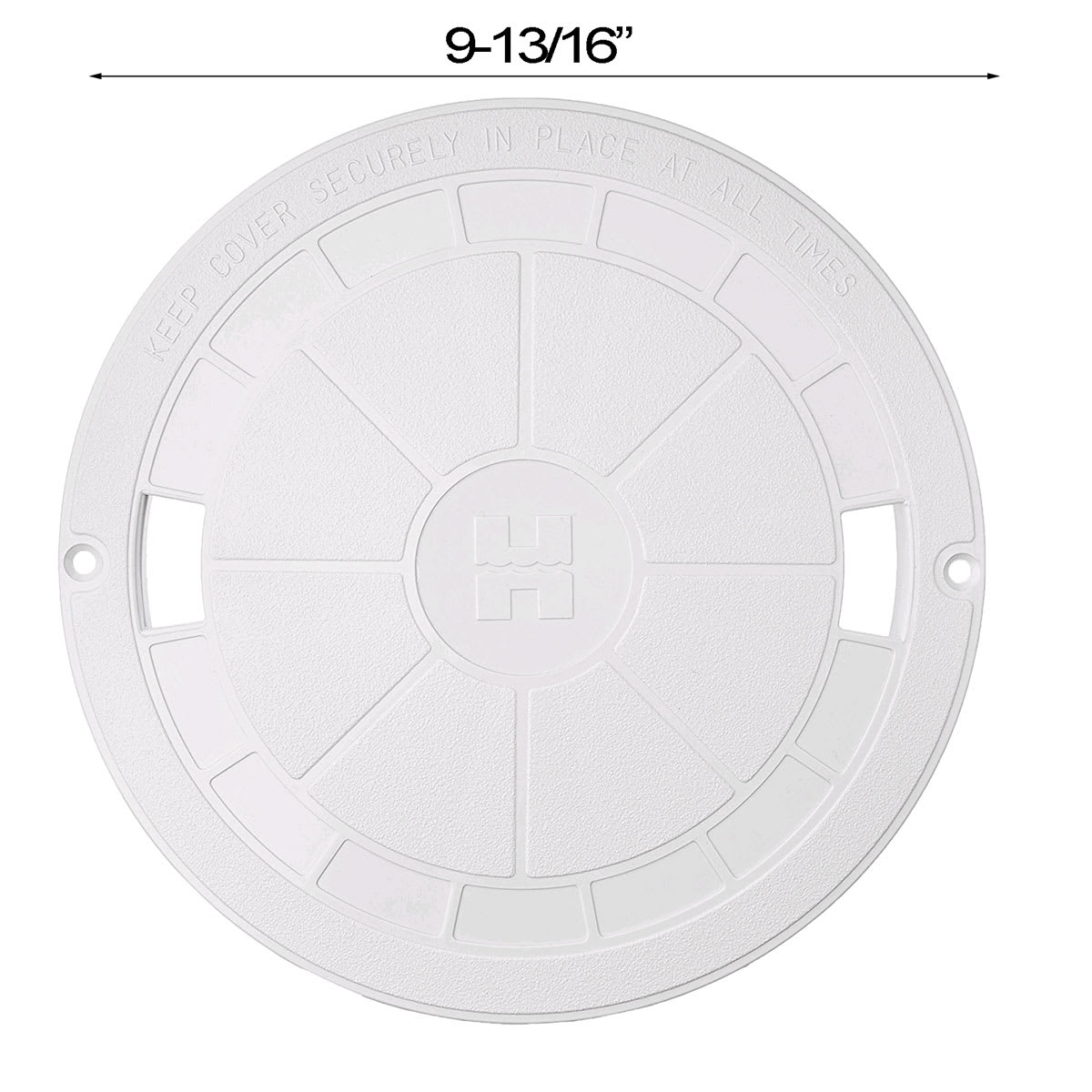 The Hayward Round Skimmers Lid (SPX1070C) by HAYWARD is a white, embossed, round cover with a diameter of 9-13/16 inches. It features two securing holes and a central logo.
