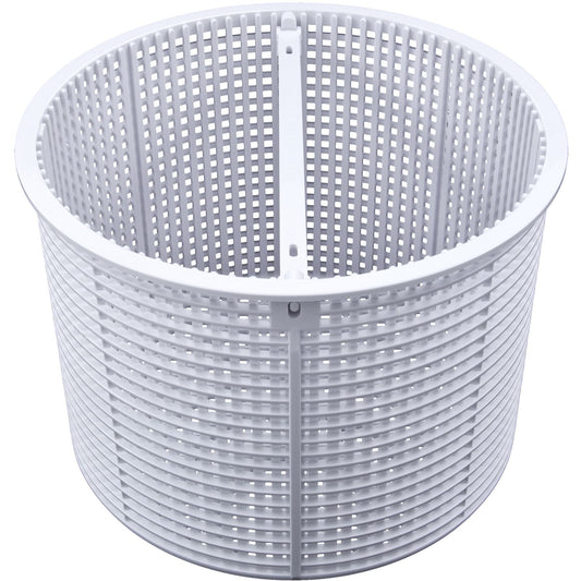 The Hayward Skimmer Basket Assembly (SPX1082CA) by HAYWARD is a white plastic, cylindrical mesh basket with an open top, grid pattern, and internal dividing cross.