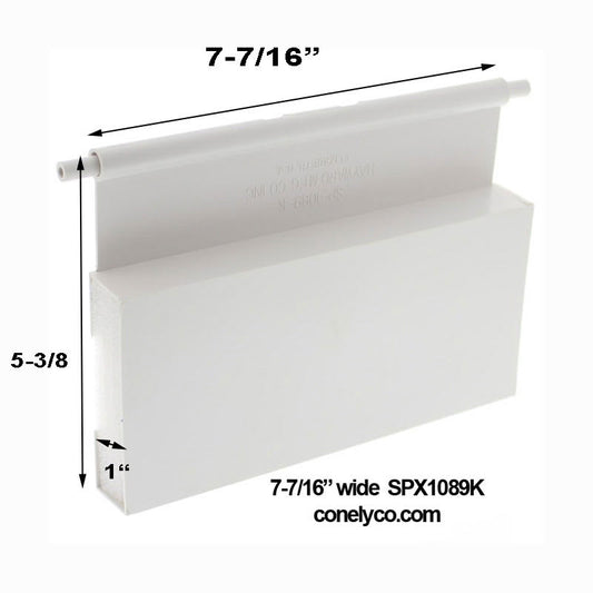 The Hayward Dyna-Skim Skimmer Weir Assembly (SPX1089K) is a white rectangular item with a protruding edge, measuring 7-7/16" wide, 1" thick, and 5-3/8" high, displayed on a white background.