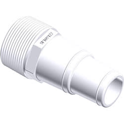A 3D rendering of the Hayward A/G Chlorinator Adapter (SPX1091Z7TC) by HAYWARD, featuring a white plastic hose barb with a male threaded end and ribbed hose connection.