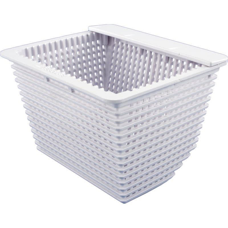The Hayward Skimmer Basket (SPX1099B) by HAYWARD is a white plastic draining basket featuring vertical and horizontal slats and a wide rim.