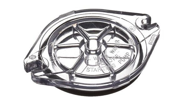 The HAYWARD MaxFlo Strainer Cover (SPX1250LA) is a clear plastic lid with a central handle and raised circular patterns, designed for sealing and protecting pump components.