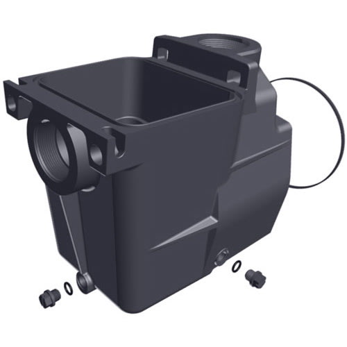 Illustration of the Hayward 2" x 2" Pump Housing Strainer (SPX1620AA) by HAYWARD, featuring an open-top square chamber, circular openings, and small detached components like O-rings and screws.