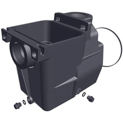 Illustration of the Hayward 2" x 2" Pump Housing Strainer (SPX1620AA) by HAYWARD, featuring an open-top square chamber, circular openings, and small detached components like O-rings and screws.