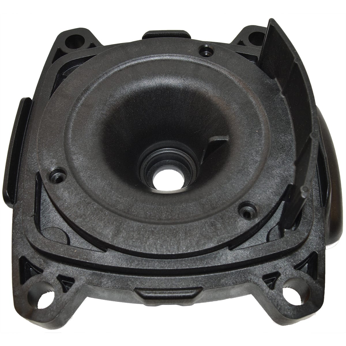 Close-up of a Hayward MaxFlo Seal Plate (SPX2300E) by HAYWARD, featuring a central hole and four mounting points.