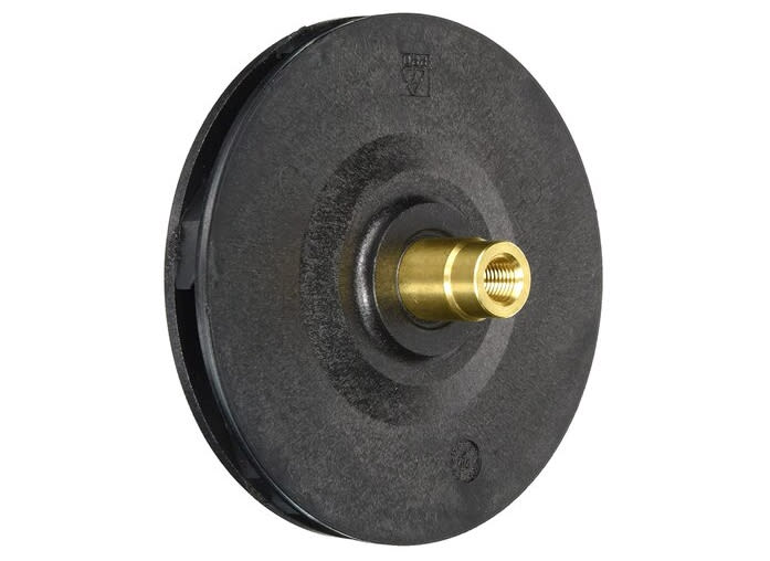 Replacement black circular component with a central brass connector and threaded opening, resembling an impeller, displayed against a white background. Product: Hayward 1 & 1-1/2HP Impeller Max-Rated | SPX2610C by HAYWARD.