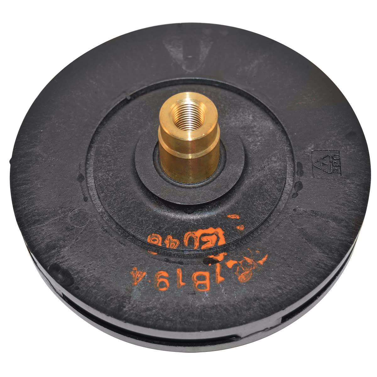 The HAYWARD 2HP Impeller Max-Rated (SPX2615C) is a black metal and plastic part with a central brass threaded fitting and orange markings, perfect for boat impeller replacement or repair.