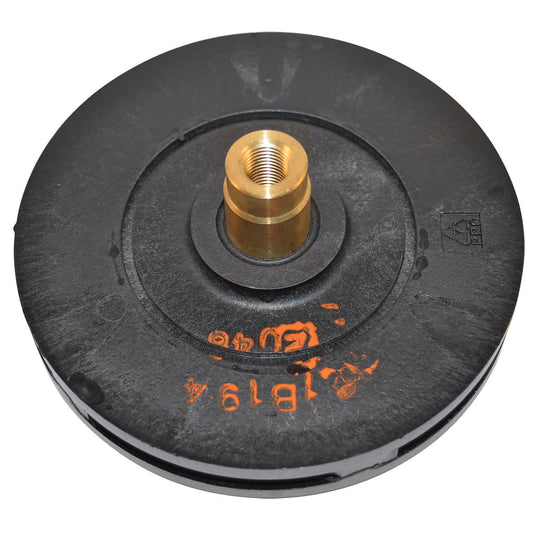 The HAYWARD 2HP Impeller Max-Rated (SPX2615C) is a black metal and plastic part with a central brass threaded fitting and orange markings, perfect for boat impeller replacement or repair.