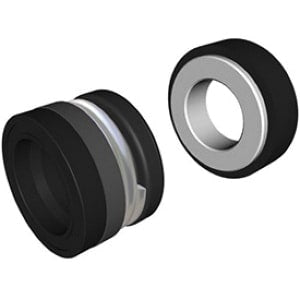 Two black cylindrical HAYWARD shaft seals with metallic inner rings, shown separated and aligned to fit together. Product: Hayward MaxFlo 5/8" Shaft Seal Assembly | SPX2700SA.