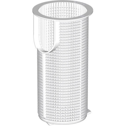 The Hayward MaxFlo Strainer Basket, SPX2800M by HAYWARD, is a white, cylindrical plastic pool skimmer basket featuring a perforated design and a flat rim.