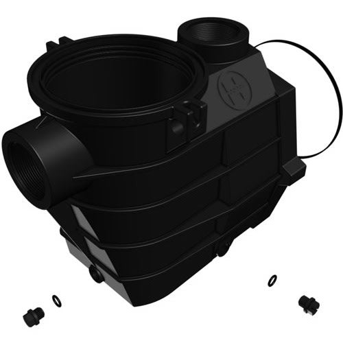 HAYWARD Hayward Super II Pump Housing/Strainer (SPX3000AA) shown in black plastic with multiple threaded openings, two small O-rings, and two screws on a plain white background.