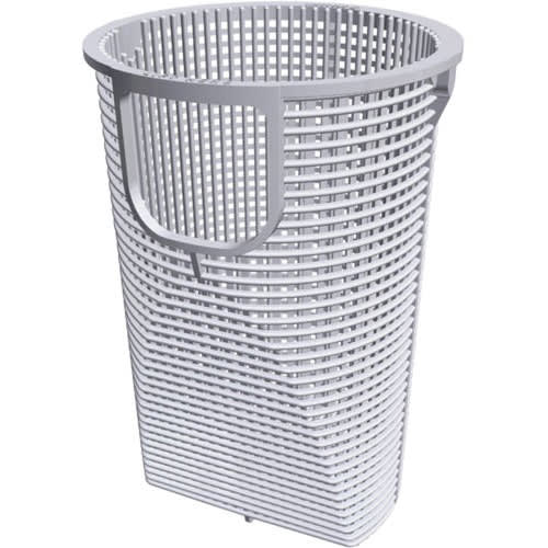The HAYWARD Super II Pump Basket (SPX3000M) is a white plastic basket strainer featuring a grid design and curved handle opening, with a 155 cubic-inch capacity for extended cleaning intervals.
