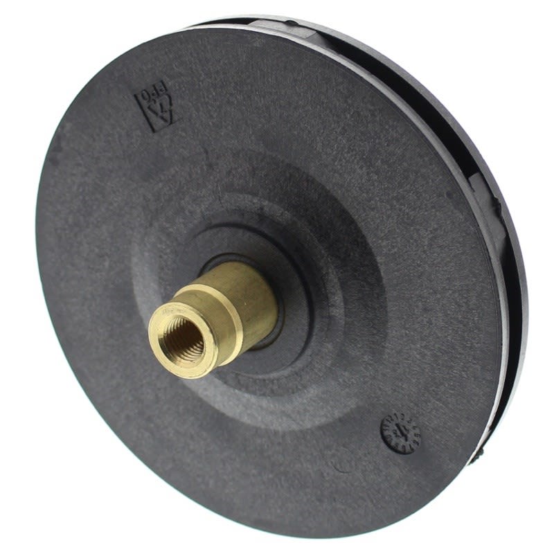 The Hayward Super II Pump 1-1/2HP Impeller (SPX3015C) by HAYWARD is a black, circular mechanical component with a central brass shaft and engraved surface markings.