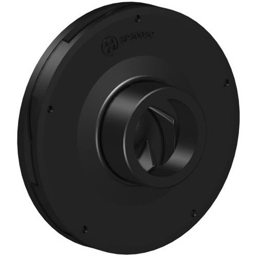 A black, circular plastic Hayward Super II Pump Impeller 2-1/2HP (SPX3021C) with a central cylindrical opening and ridged details, manufactured by HAYWARD, likely used as a mechanical or industrial part.