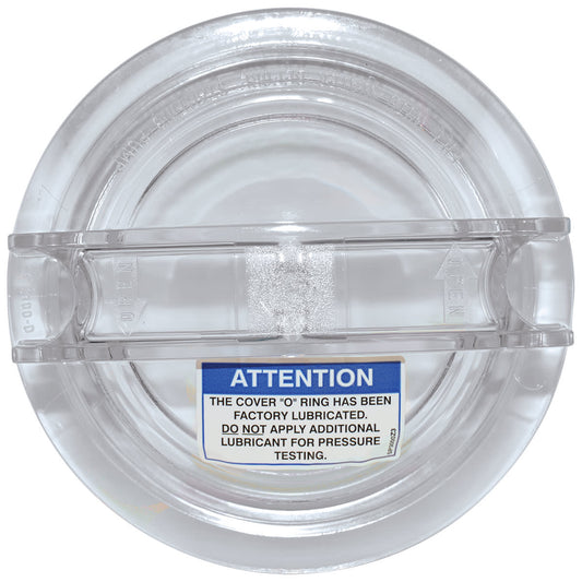 The Hayward Super II Pump Threaded Strainer Cover (SPX3100D) features a clear plastic lid with a central blue and white label stating: "Attention: The cover ‘O’ ring has been factory lubricated. Do not apply additional lubricant for pressure testing.
