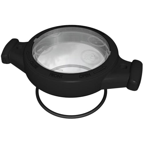 Hayward TriStar & EcoStar Pump Strainer Cover Kit (SPX3200DLS) by HAYWARD features a black plastic lid with two side handles and a transparent center with icons for open/close positions.