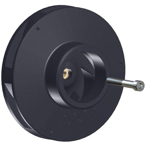 The Hayward TriStar Pump Impeller 2HP w/ Screw (SPX3220C) by HAYWARD is a black circular part featuring a central opening and partially inserted metal bolt, shown against a white background.