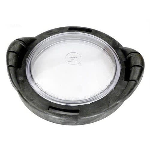 The Hayward NorthStar Strainer Cover Kit (SPX4000DLT) features a round, clear plastic strainer lid with a gray textured rim, two side handles, and a central circular window. Brand: HAYWARD.