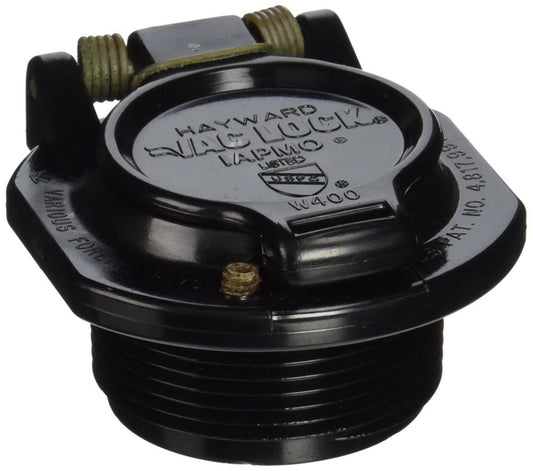 The Hayward VAC Lock Safety Wall Fitting (W400BBKP) in black is designed with a threaded feature and brass screw, ideal for securing pool vacuum lines.