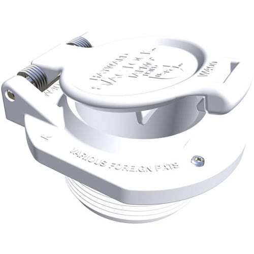 The Hayward Vac Lock Safety Wall Fitting, White | W400BWHP, by HAYWARD, is a white circular latch with metal spring hinges and engraved text designed to fit securely over a pipe opening.