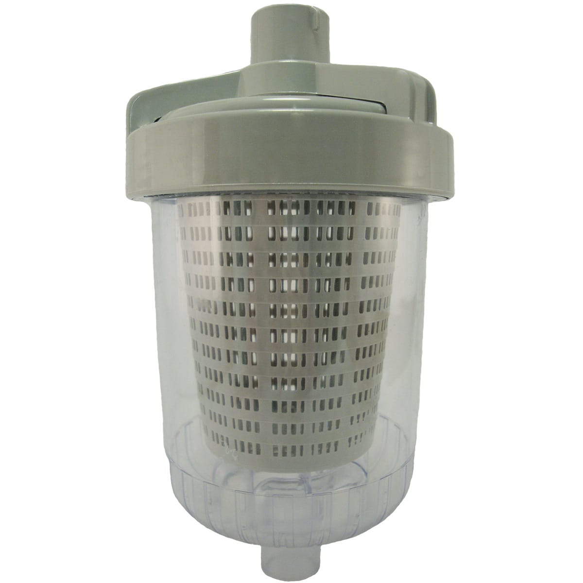 The Hayward Standard Leaf Canister (W560) by HAYWARD is a gray plastic, cylindrical water filter with a slotted design, complete with a cap and input/output nozzles for vacuuming. It efficiently captures debris, similar to Hayward leaf canisters.